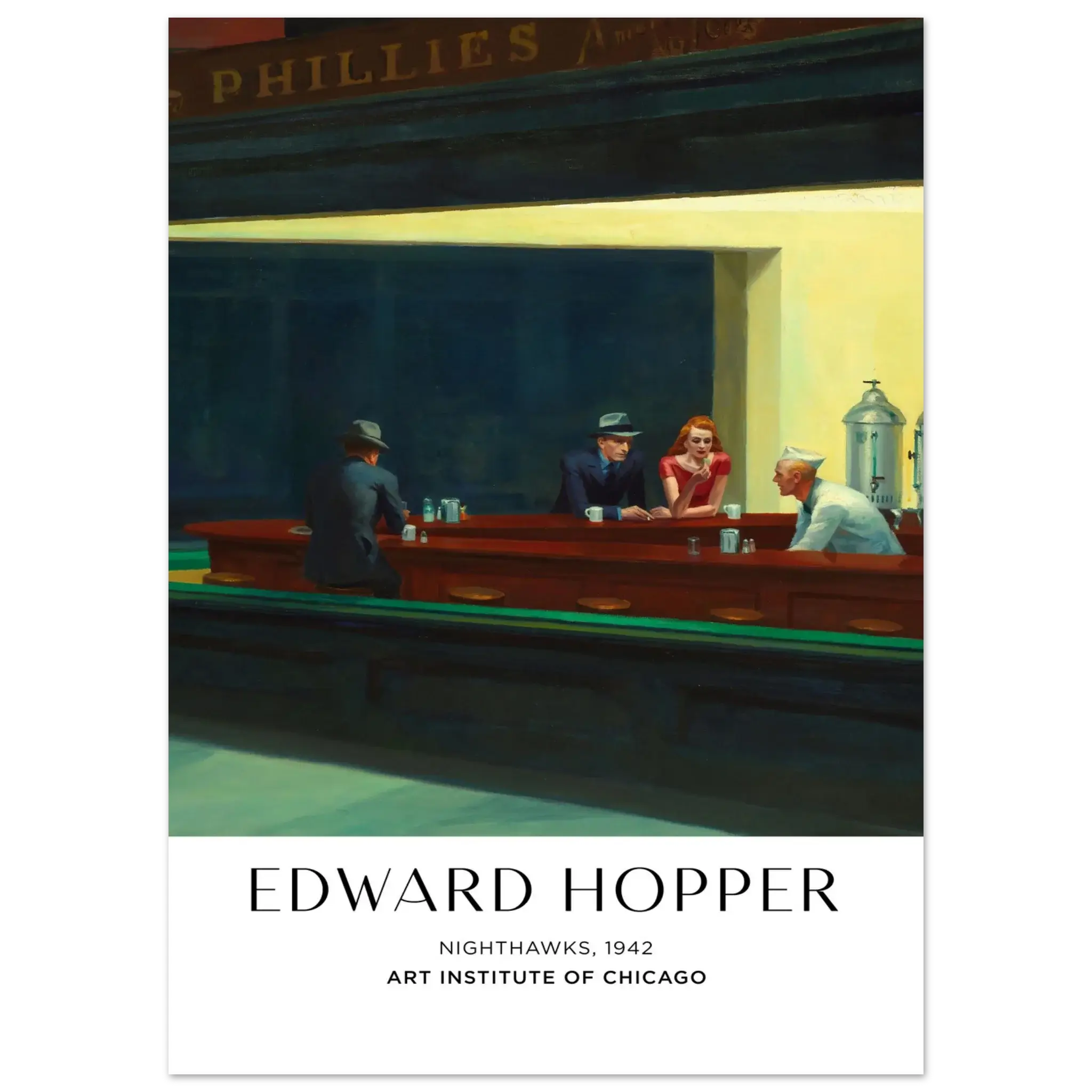 Edward Hopper Nighthawks 1942 Art Poster – Urban Nightlife Print, Hochwertiger Kunstdruck,  21x29.7 cm / 8x12"-A3 (29.7 x 42  cm)-45x60 cm / 18x24″-50x70 cm / 20x28″-60x80 cm / 24x32″-70x100 cm / 28x40″,  Printree.ch