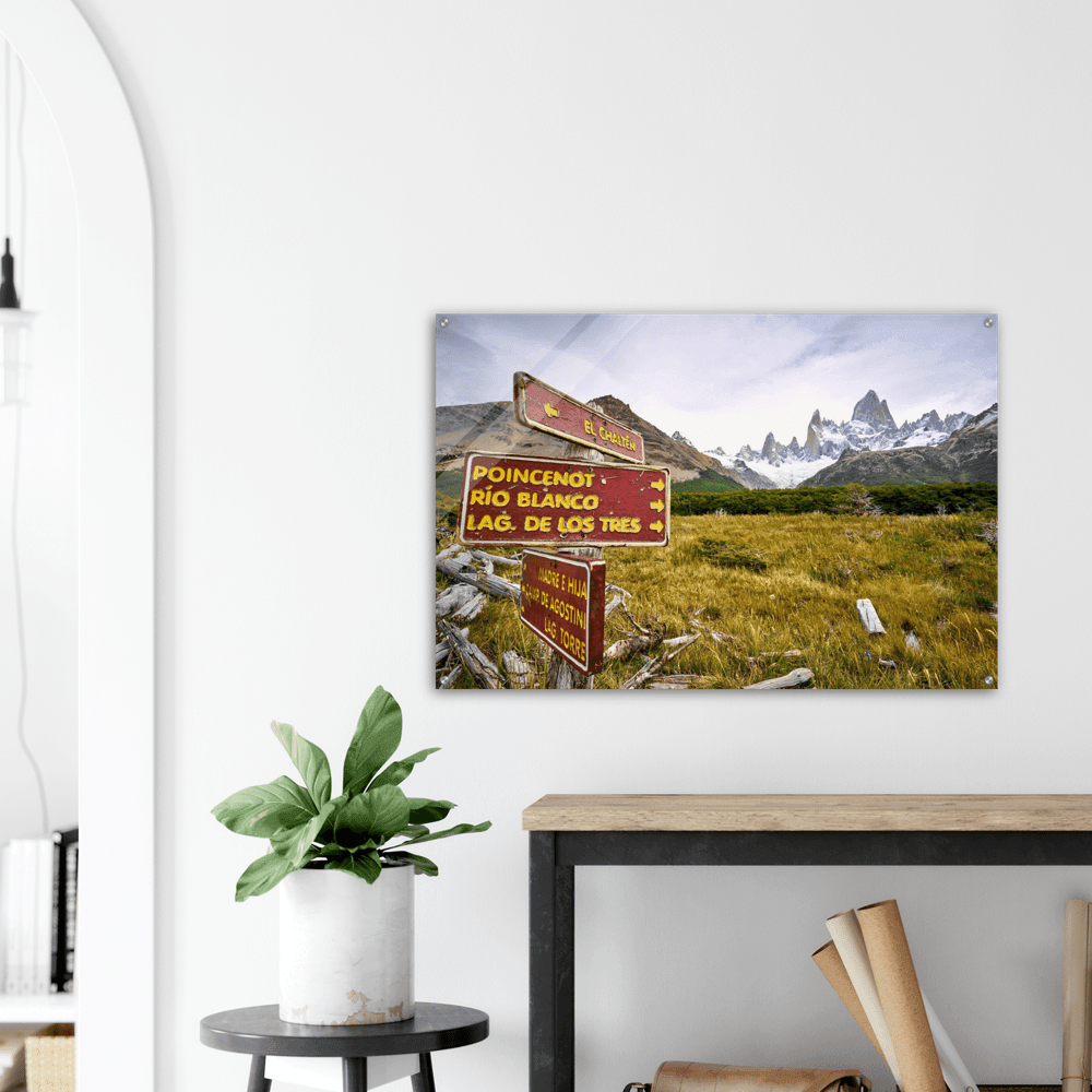 Fitz Roy mit Wegweiser - Printree.ch bach, Berg, berge, einfachschweizer, exklusiv, Foto, Fotografie, landschaft, Natur, Poster, reise, Reisen, Südamerika, tourismus, wanderung