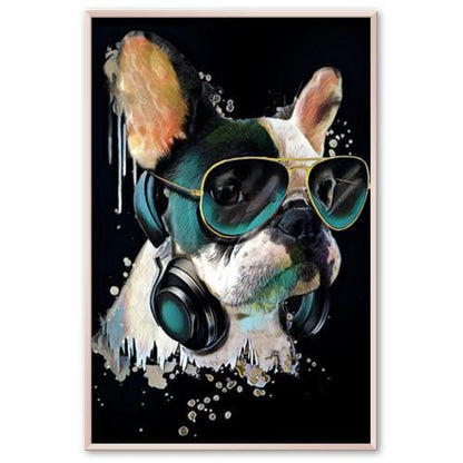 Französischer Bulldogge mit Kopfhörer - Kunstdruck - Printree.ch abstrakt, Abstraktion, blau, bunt, Dekor, Design, Form, Haustier, hund, Icon, Illustration, Kunst, Kunstdruck, Tier, Zeichen, Zeichnung, Zukunft