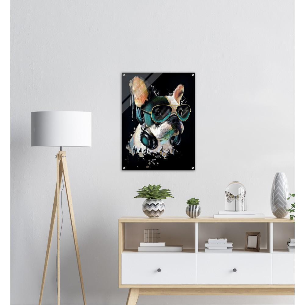 Französischer Bulldogge mit Kopfhörer - Kunstdruck - Printree.ch abstrakt, Abstraktion, blau, bunt, Dekor, Design, Form, Haustier, hund, Icon, Illustration, Kunst, Kunstdruck, Tier, Zeichen, Zeichnung, Zukunft