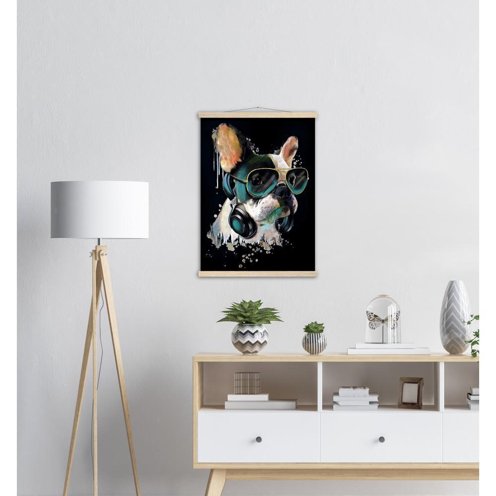 Französischer Bulldogge mit Kopfhörer - Kunstdruck - Printree.ch abstrakt, Abstraktion, blau, bunt, Dekor, Design, Form, Haustier, hund, Icon, Illustration, Kunst, Kunstdruck, Tier, Zeichen, Zeichnung, Zukunft