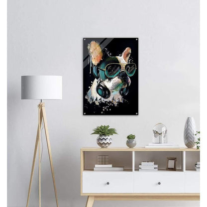 Französischer Bulldogge mit Kopfhörer - Kunstdruck - Printree.ch abstrakt, Abstraktion, blau, bunt, Dekor, Design, Form, Haustier, hund, Icon, Illustration, Kunst, Kunstdruck, Tier, Zeichen, Zeichnung, Zukunft