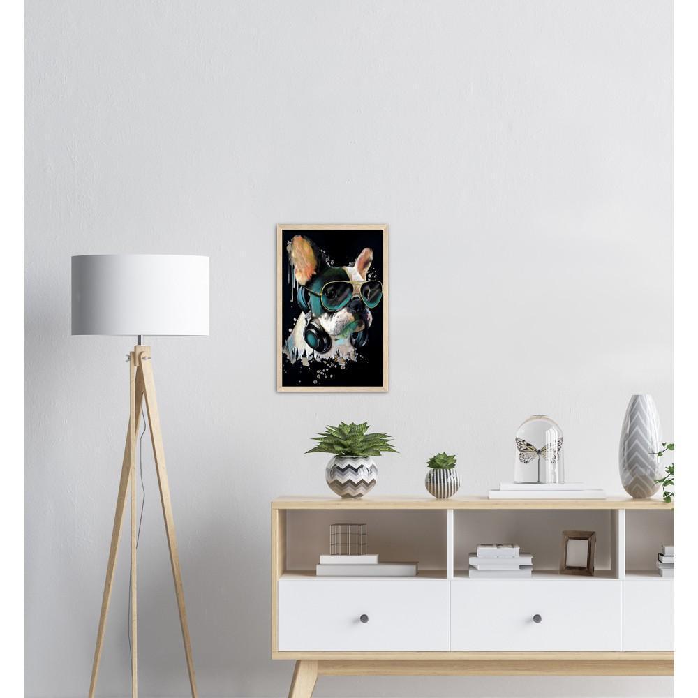 Französischer Bulldogge mit Kopfhörer - Kunstdruck - Printree.ch abstrakt, Abstraktion, blau, bunt, Dekor, Design, Form, Haustier, hund, Icon, Illustration, Kunst, Kunstdruck, Tier, Zeichen, Zeichnung, Zukunft