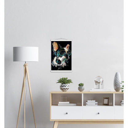 Französischer Bulldogge mit Kopfhörer - Kunstdruck - Printree.ch abstrakt, Abstraktion, blau, bunt, Dekor, Design, Form, Haustier, hund, Icon, Illustration, Kunst, Kunstdruck, Tier, Zeichen, Zeichnung, Zukunft