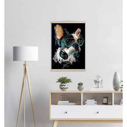 Französischer Bulldogge mit Kopfhörer - Kunstdruck - Printree.ch abstrakt, Abstraktion, blau, bunt, Dekor, Design, Form, Haustier, hund, Icon, Illustration, Kunst, Kunstdruck, Tier, Zeichen, Zeichnung, Zukunft