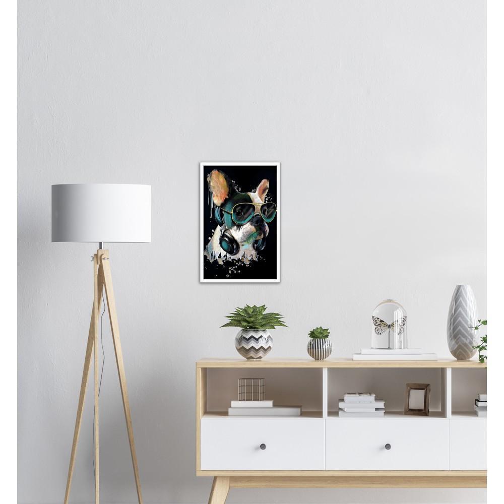 Französisches Bulldog mit Kopfhörer - Printree.ch abstrakt, Abstraktion, blau, bunt, Dekor, Design, Form, Haustier, hund, Icon, Illustration, Kunst, Kunstdruck, Tier, Zeichen, Zeichnung, Zukunft