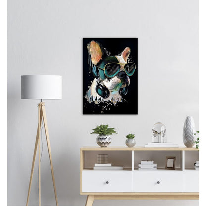 Französisches Bulldog mit Kopfhörer - Printree.ch abstrakt, Abstraktion, blau, bunt, Dekor, Design, Form, Haustier, hund, Icon, Illustration, Kunst, Kunstdruck, Tier, Zeichen, Zeichnung, Zukunft