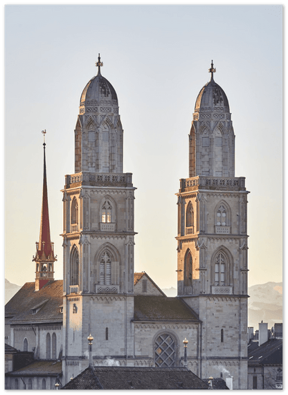 Grossmünster am Morgen - Printree.ch architektur, attraktion, berühmt, eifach-züri, einfachschweizer, europa, exklusiv, fluss, Foto, Fotografie, haus, historisch, kathedrale, kirche, landschaft, panorama, Poster, reise, stadt, straße, tour, tourismus, wahrzeichen, zentrum, zurichby.ch, Zürich