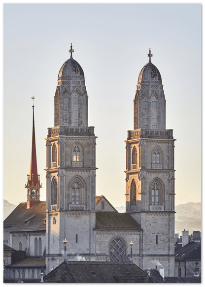 Grossmünster am Morgen - Printree.ch architektur, attraktion, berühmt, eifach-züri, einfachschweizer, europa, exklusiv, fluss, Foto, Fotografie, haus, historisch, kathedrale, kirche, landschaft, panorama, Poster, reise, stadt, straße, tour, tourismus, wahrzeichen, zentrum, zurichby.ch, Zürich