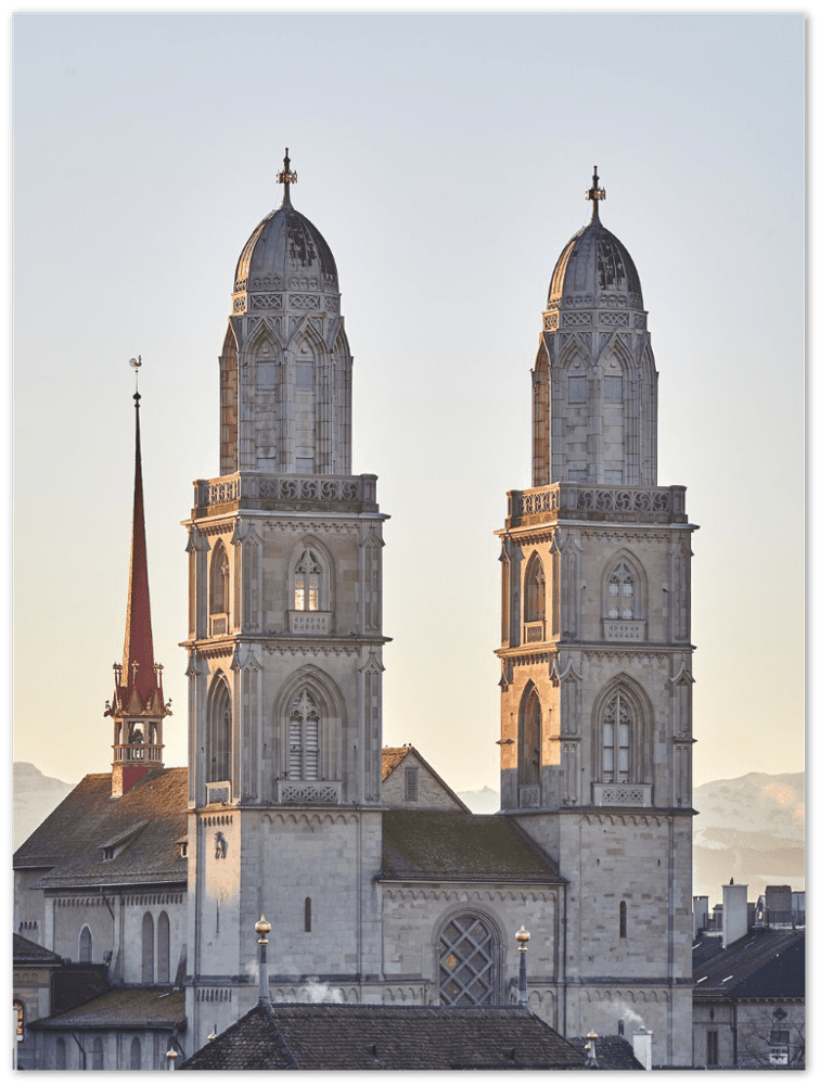 Grossmünster am Morgen - Printree.ch architektur, attraktion, berühmt, eifach-züri, einfachschweizer, europa, exklusiv, fluss, Foto, Fotografie, haus, historisch, kathedrale, kirche, landschaft, panorama, Poster, reise, stadt, straße, tour, tourismus, wahrzeichen, zentrum, zurichby.ch, Zürich