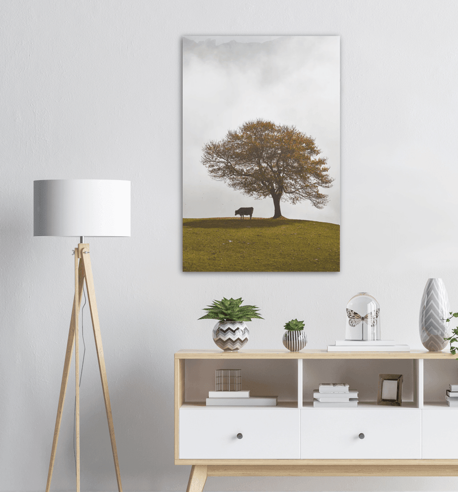 Herbstbild mit Baum und Kuh - Printree.ch Alpen, Baum, Berg, Berge, einfachschweizer, exklusiv, Foto, Fotografie, Gras, grün, Hintergrund, Holz, Land, Landschaft, Landwirtschaft, ländlich, Milch, Natur, natürlich, Poster, Schweiz, Sommer, Tier, Umwelt, Weide, Wiese