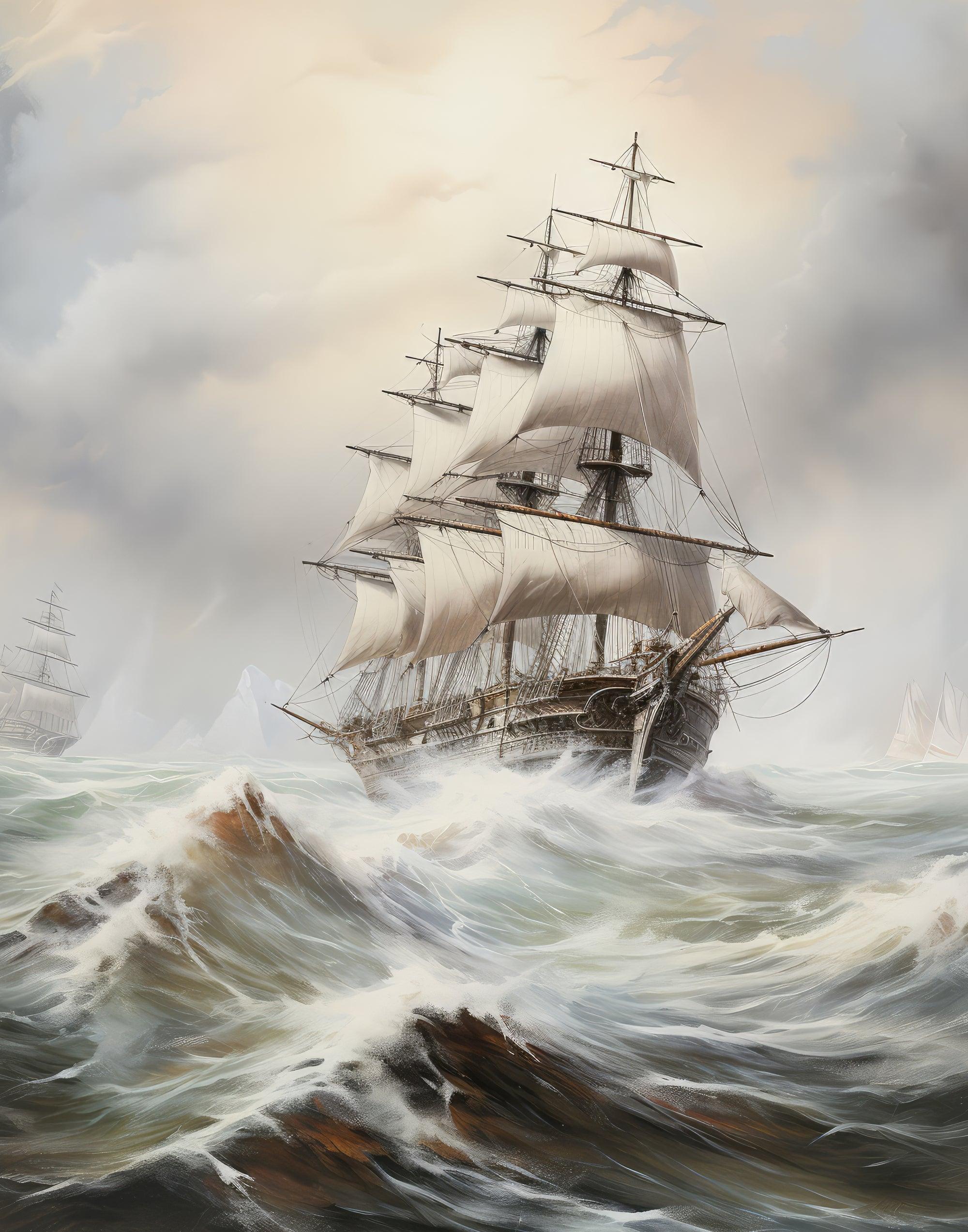 Sturm auf hoher See: Die Macht der Natur - Printree.ch Gemälde, Illustration, Kunstwerk, Landschaftsmalerei, Naturgewalt, Poster, Seefahrt, Segelschiff, Spannung, Sturm, Tapferkeit, Wellen, zeitgenössisch