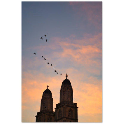 Flug übers Grossmünster - Printree.ch alt, architektur, blau, eifach-züri, europa, fluss, Foto, fraumünster, geschichte, grossartig, grossmünster, himmel, kathedrale, kirche, limmat, münsterbrücke, reisen, schiff, schweiz, schweizer, skyline, stadt, stadtbild, strasse, tourismus, turm, vögel, wahrzeichen, wasser, zurichby.ch, Zürich