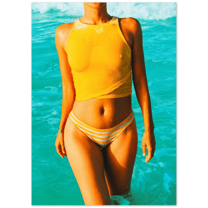 Frau am Strand minimalistischer Lifestyle - Printree.ch Badeanzug, Badebekleidung, Bikini, blau, bräunen, entspannen, Foto, Fotografie, Frau, Freizeit, gegerbt, gelb, gesund, Hüften, jung, Körper, Lebensstil, Luxus, Modell, Reise, Resort, schlank, sexy, Sommer, Sonnenbaden, sonnig, Strand, Strohhut, tropisch, Urlaub, Wasser