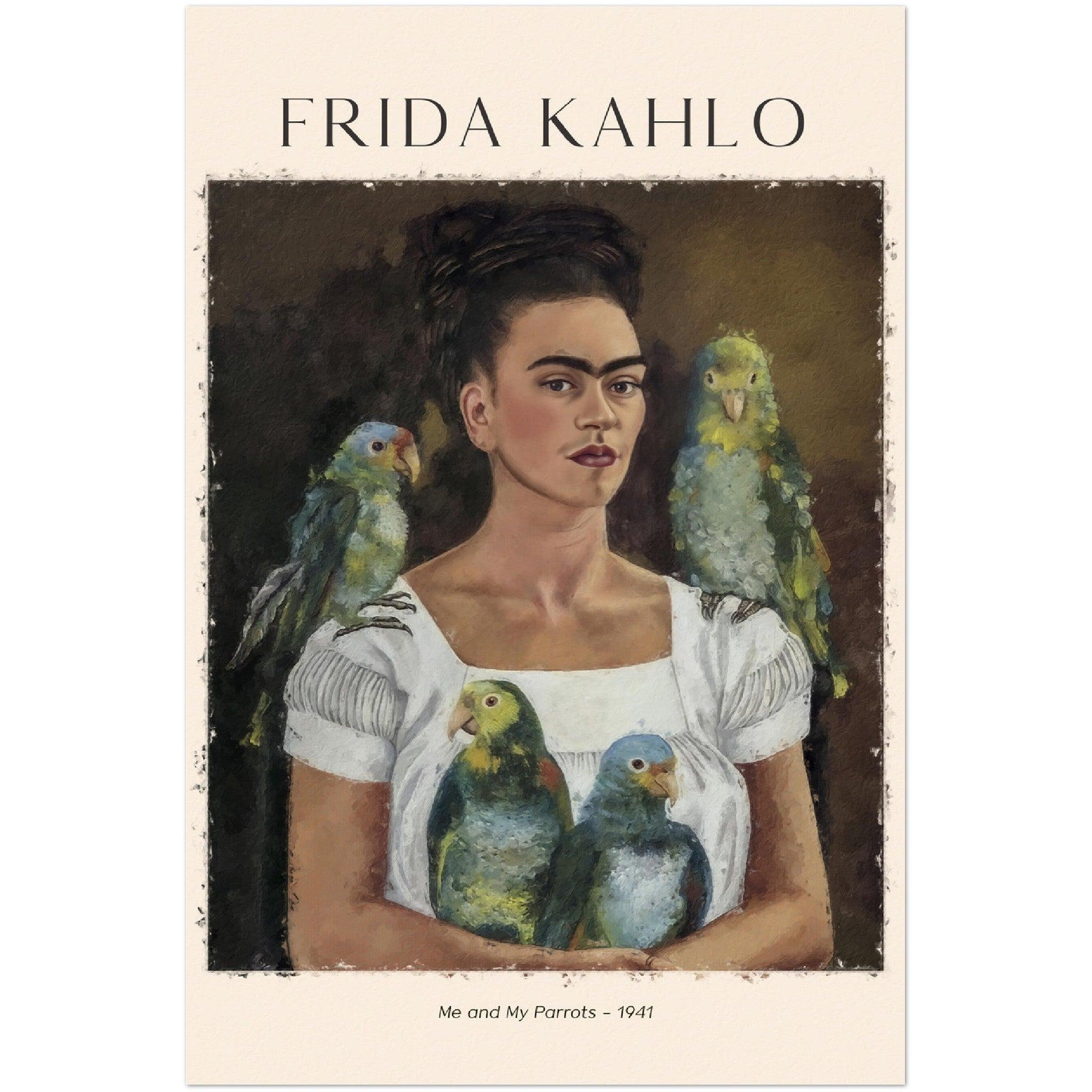 Frida Kahlos "Ich und meine Papageien" Poster - Printree.ch Blume, blumig, bunt, Cartoon, dekorativ, Design, elegant, Farbe, Frau, Frida, Frida Kahlo, Frisur, Gesicht, Haare, Hintergrund, Illustration, Kahlo, Konzept, Künstler, Meisterwerk, mexikanisch, Mode, Mädchen, Ohrringe, Porträt, Poster, retro, schwarz, Schädel, schön, traditionell, Vektor