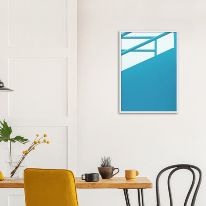 Geländer Blau minimalistischer Lebensstil - Printree.ch Architektur, blau, Brücke, Bungalows, Dach, Dächer, Form, Foto, Fotografie, Gebäude, grossstädtisch, Horizont, im Freien, Immobilien, klarer blauer Himmel, Klima, Küste, Metropole, minimalistisch, Natur, niemand, Perspektive, Reisen, riesig, Sommer, Strand, Struktur, Treppe, urban, Wasser, Zement