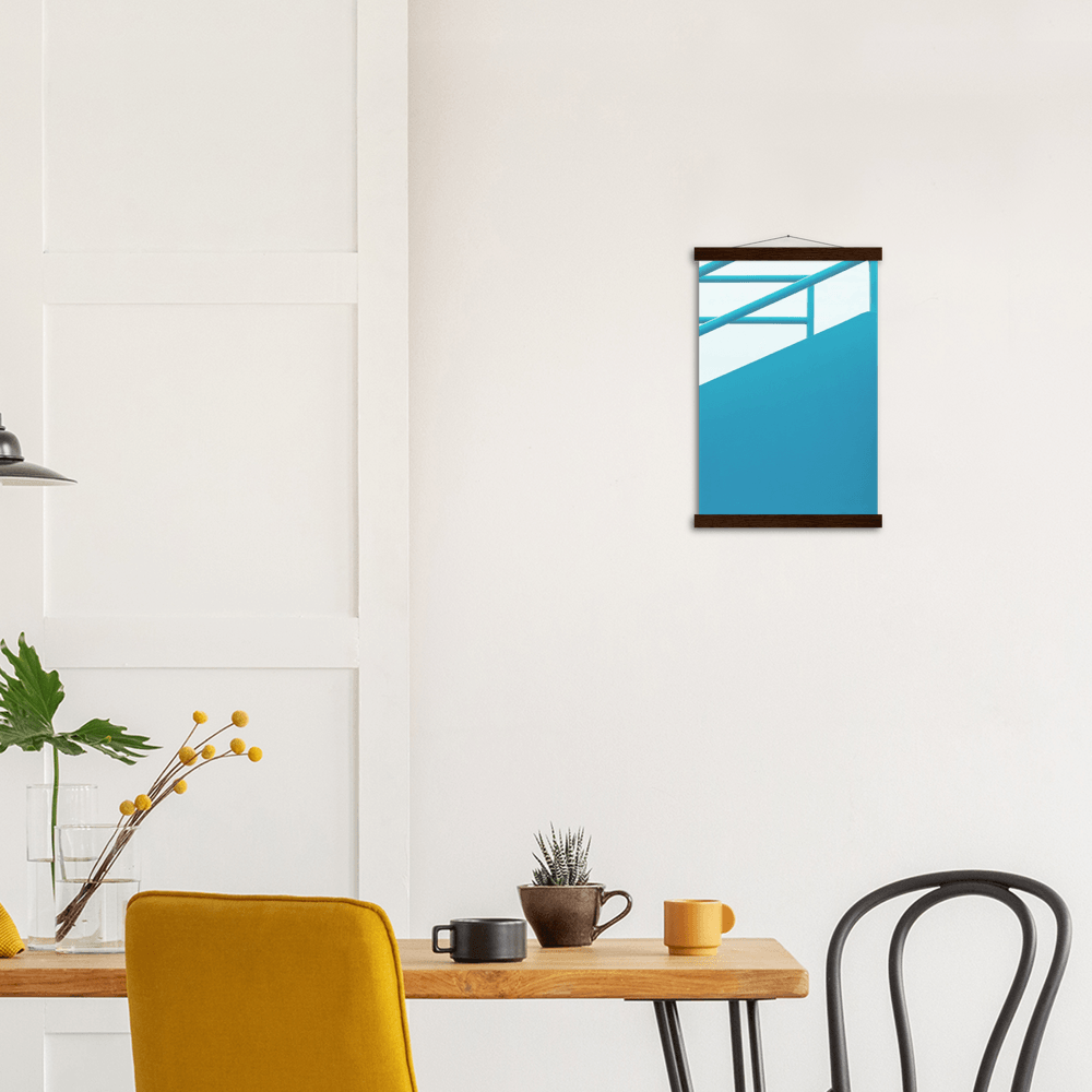 Geländer Blau minimalistischer Lebensstil - Printree.ch Architektur, blau, Brücke, Bungalows, Dach, Dächer, Form, Foto, Fotografie, Gebäude, grossstädtisch, Horizont, im Freien, Immobilien, klarer blauer Himmel, Klima, Küste, Metropole, minimalistisch, Natur, niemand, Perspektive, Reisen, riesig, Sommer, Strand, Struktur, Treppe, urban, Wasser, Zement