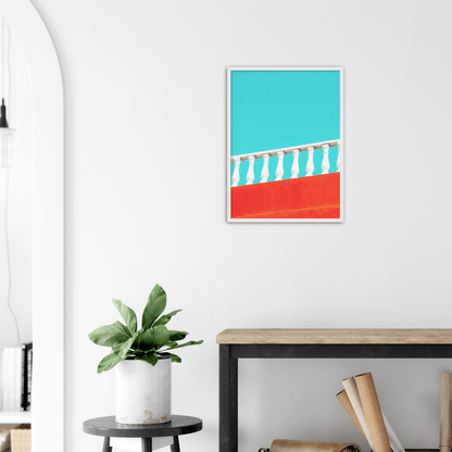 Geländer Minimalistische Strandstimmung - Printree.ch Architektur, blau, Brücke, Bungalows, Dach, Dächer, Form, Foto, Fotografie, Gebäude, grossstädtisch, Horizont, im Freien, Immobilien, klarer blauer Himmel, Klima, Küste, Metropole, minimalistisch, Natur, niemand, Perspektive, Reisen, riesig, rot, Sommer, Strand, Struktur, Treppe, urban, Wasser, Zement