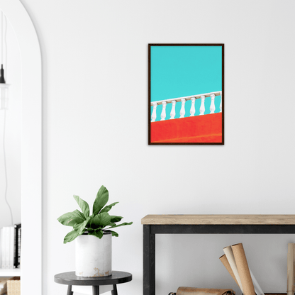 Geländer Minimalistische Strandstimmung - Printree.ch Architektur, blau, Brücke, Bungalows, Dach, Dächer, Form, Foto, Fotografie, Gebäude, grossstädtisch, Horizont, im Freien, Immobilien, klarer blauer Himmel, Klima, Küste, Metropole, minimalistisch, Natur, niemand, Perspektive, Reisen, riesig, rot, Sommer, Strand, Struktur, Treppe, urban, Wasser, Zement