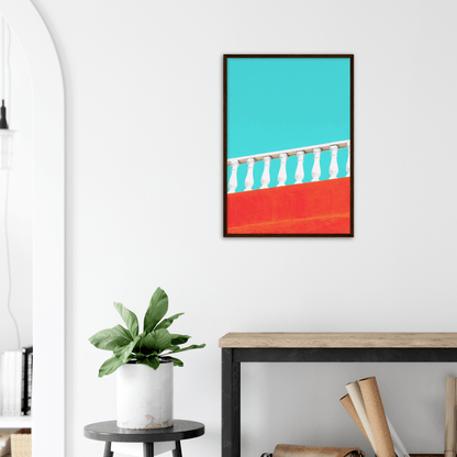 Geländer Minimalistische Strandstimmung - Printree.ch Architektur, blau, Brücke, Bungalows, Dach, Dächer, Form, Foto, Fotografie, Gebäude, grossstädtisch, Horizont, im Freien, Immobilien, klarer blauer Himmel, Klima, Küste, Metropole, minimalistisch, Natur, niemand, Perspektive, Reisen, riesig, rot, Sommer, Strand, Struktur, Treppe, urban, Wasser, Zement