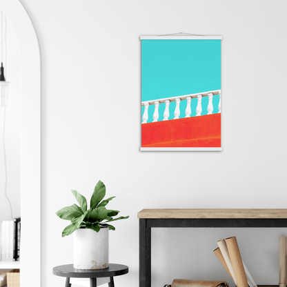 Geländer Minimalistische Strandstimmung - Printree.ch Architektur, blau, Brücke, Bungalows, Dach, Dächer, Form, Foto, Fotografie, Gebäude, grossstädtisch, Horizont, im Freien, Immobilien, klarer blauer Himmel, Klima, Küste, Metropole, minimalistisch, Natur, niemand, Perspektive, Reisen, riesig, rot, Sommer, Strand, Struktur, Treppe, urban, Wasser, Zement