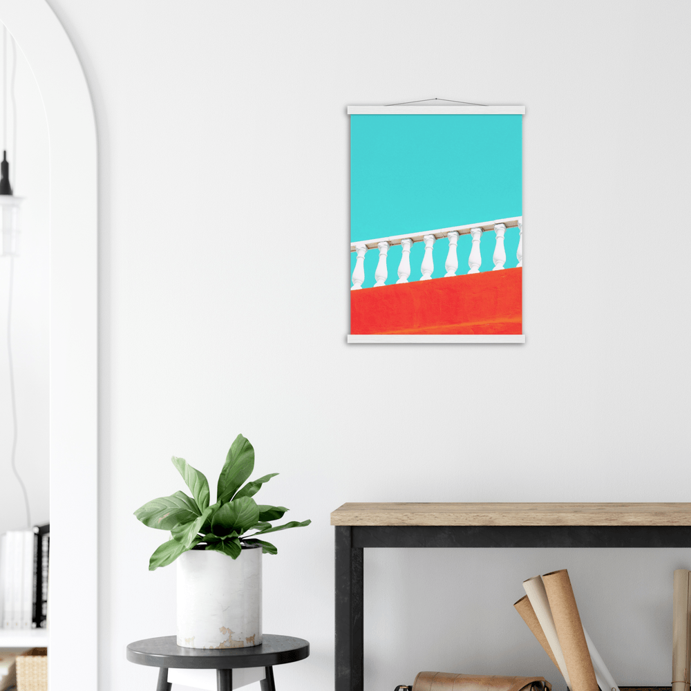 Geländer Minimalistische Strandstimmung - Printree.ch Architektur, blau, Brücke, Bungalows, Dach, Dächer, Form, Foto, Fotografie, Gebäude, grossstädtisch, Horizont, im Freien, Immobilien, klarer blauer Himmel, Klima, Küste, Metropole, minimalistisch, Natur, niemand, Perspektive, Reisen, riesig, rot, Sommer, Strand, Struktur, Treppe, urban, Wasser, Zement