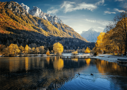 Herbstlandschaft am Jasna-See. - Printree.ch alpine, baum, blau, blick, Foto, Fotografie, gipfel, himmel, hintergrund, im freien, jasna, julian, landschaft, landschaftlich, national, natur, park, reflexion, reisen, schön, see, slowenien, sommer, sonne, sonnig, tourismus, tourist, urlaub, wald, wasser, ziel