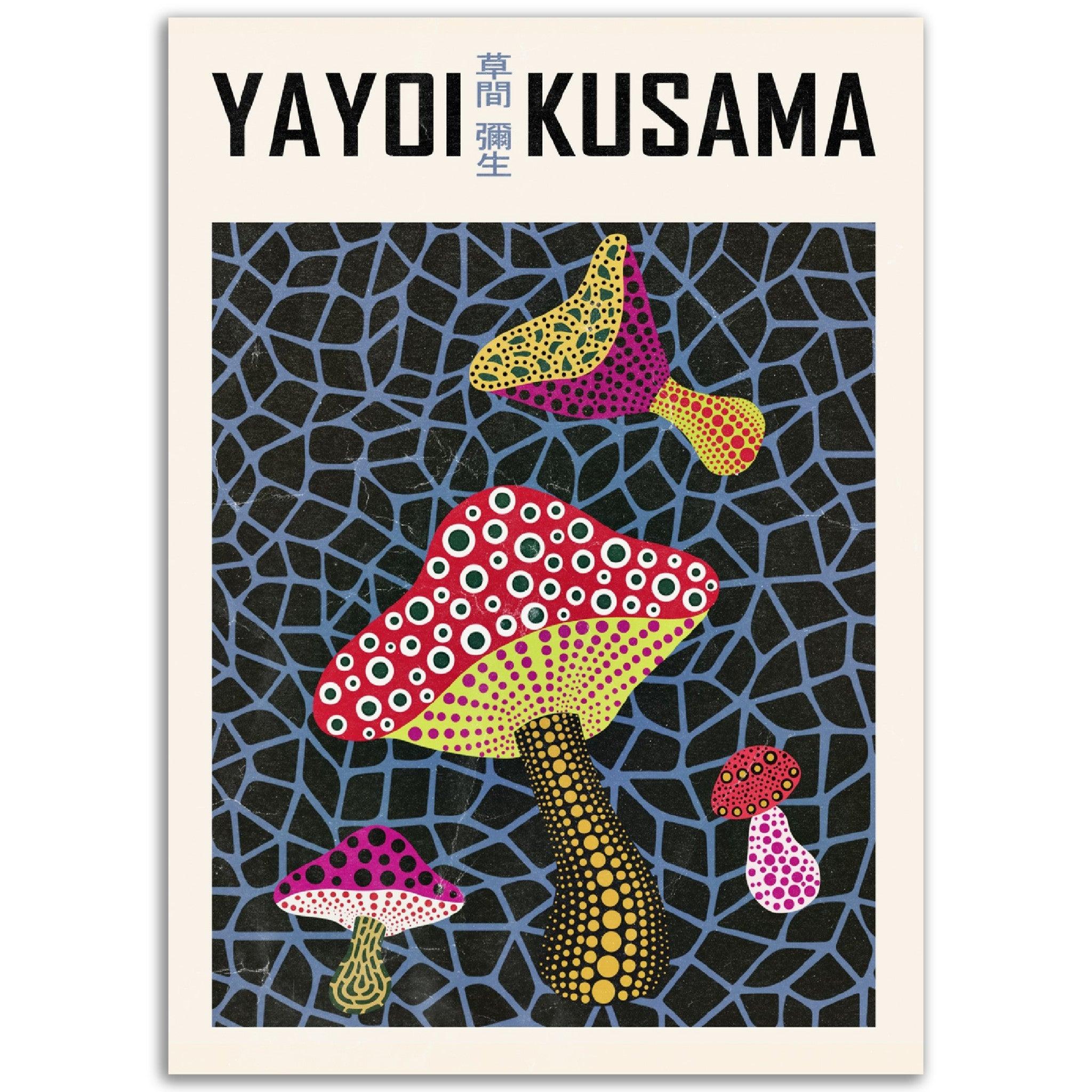 Kusama Pilze - Lebendige Kunstposter für Ihr Zuhause oder Büro - Printree.ch blau, blume, cartoon, charakter, dame, design, feier, feministisch, frau künstlerin, grafik, haar, hintergrund, illustration, japan, japanisch, japanische künstlerin, jung, kultur, menschen, mode, niedlich, pop art, punkte, schön, schönheit, vektor, weiblich, yayoi, yayoi kusama