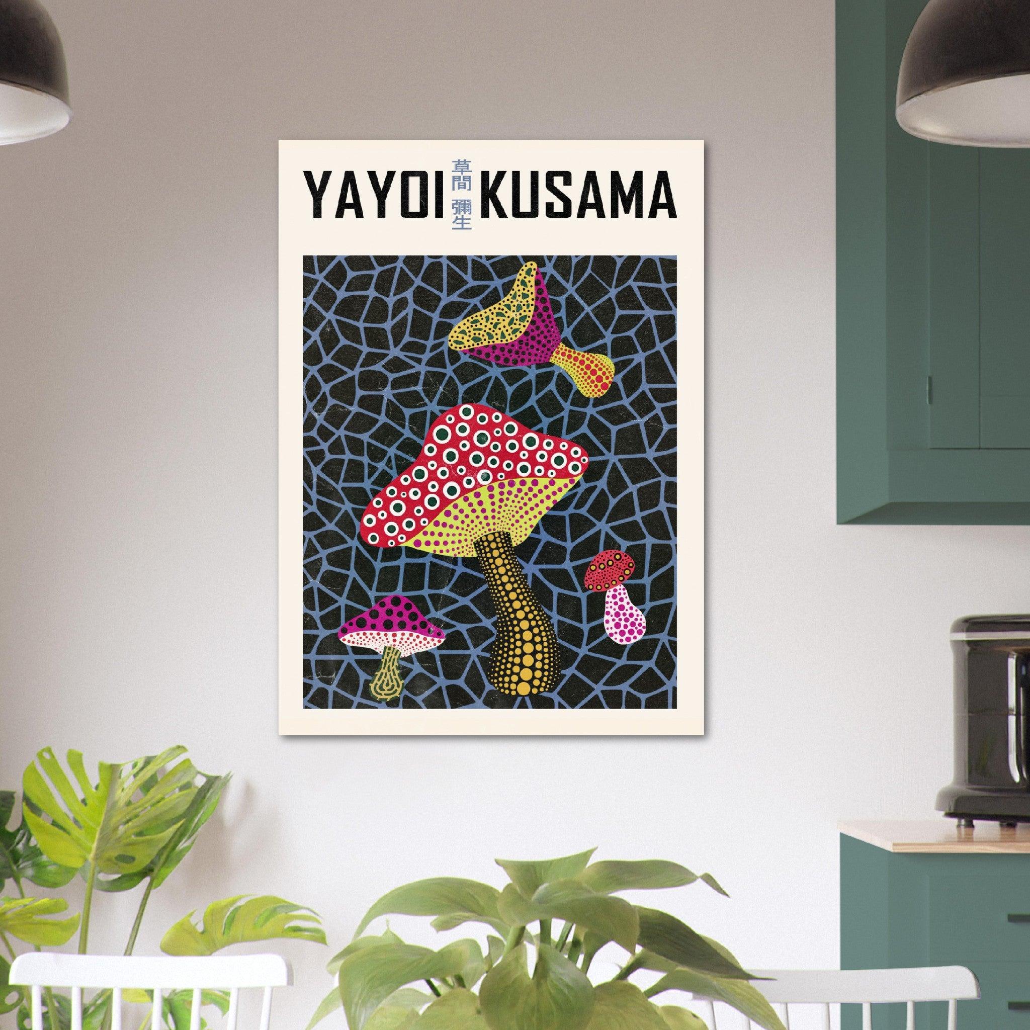 Kusama Pilze - Lebendige Kunstposter für Ihr Zuhause oder Büro - Printree.ch blau, blume, cartoon, charakter, dame, design, feier, feministisch, frau künstlerin, grafik, haar, hintergrund, illustration, japan, japanisch, japanische künstlerin, jung, kultur, menschen, mode, niedlich, pop art, punkte, schön, schönheit, vektor, weiblich, yayoi, yayoi kusama