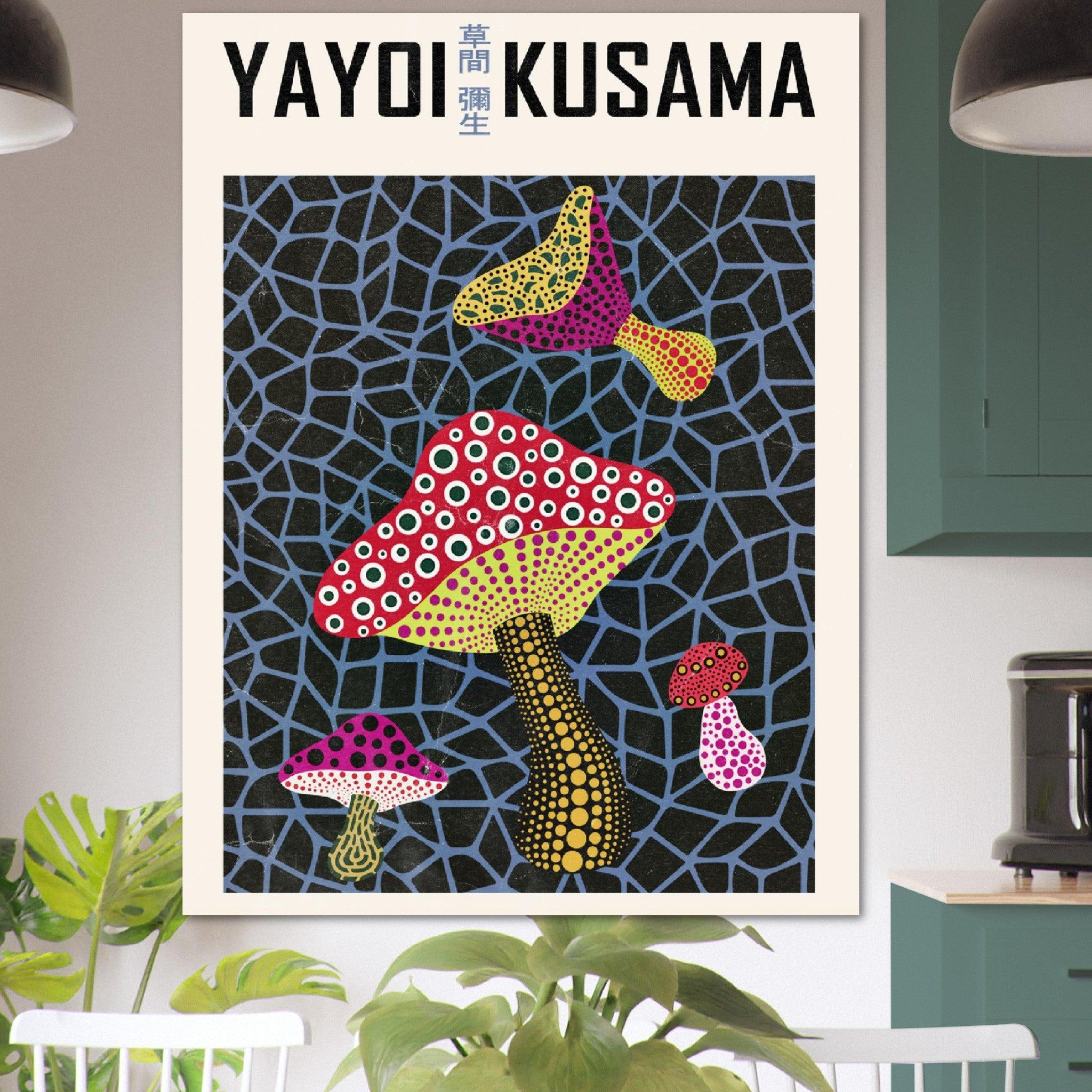 Kusama Pilze - Lebendige Kunstposter für Ihr Zuhause oder Büro - Printree.ch blau, blume, cartoon, charakter, dame, design, feier, feministisch, frau künstlerin, grafik, haar, hintergrund, illustration, japan, japanisch, japanische künstlerin, jung, kultur, menschen, mode, niedlich, pop art, punkte, schön, schönheit, vektor, weiblich, yayoi, yayoi kusama