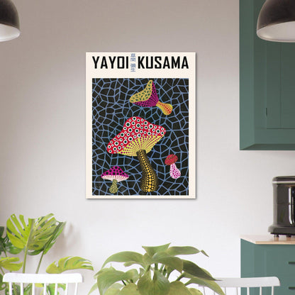 Kusama Pilze - Lebendige Kunstposter für Ihr Zuhause oder Büro - Printree.ch blau, blume, cartoon, charakter, dame, design, feier, feministisch, frau künstlerin, grafik, haar, hintergrund, illustration, japan, japanisch, japanische künstlerin, jung, kultur, menschen, mode, niedlich, pop art, punkte, schön, schönheit, vektor, weiblich, yayoi, yayoi kusama