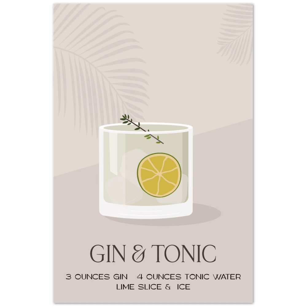 Premium Gin Tonic Poster - Hochwertiges Kunstdruckplakat für Museen - Printree.ch alkohol, bar, blaue lagune, cocktail, eis, erfrischung, flüssigkeit, frisch, getränk, glas, hintergrund, illustration, isoliert, kalt, kirsche, lebensmittel, limette, limonade, martini, minze, obst, orange, pina colada, saft, sommer, süss, tropisch, wein, zitrone