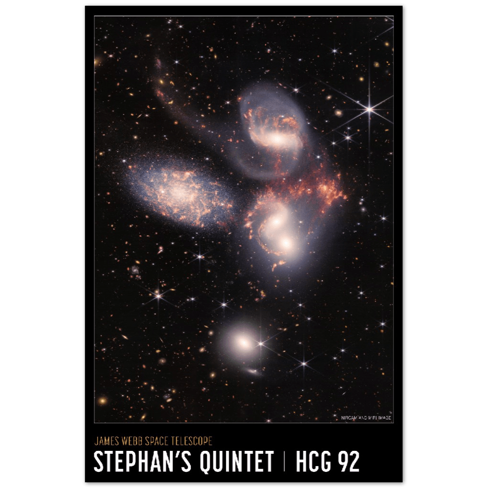 Stephans Quintett Poster - Printree.ch Astronomie, Deep-Space-Fotografie, Foto, Fotografie, Galaxien, Galaxienhaufen, Hubble-Weltraumteleskop, Kollision, Kosmos, NASA, Poster, space, Stephans Quintett, Sternentstehung, Universum, WEBB, Weltraum