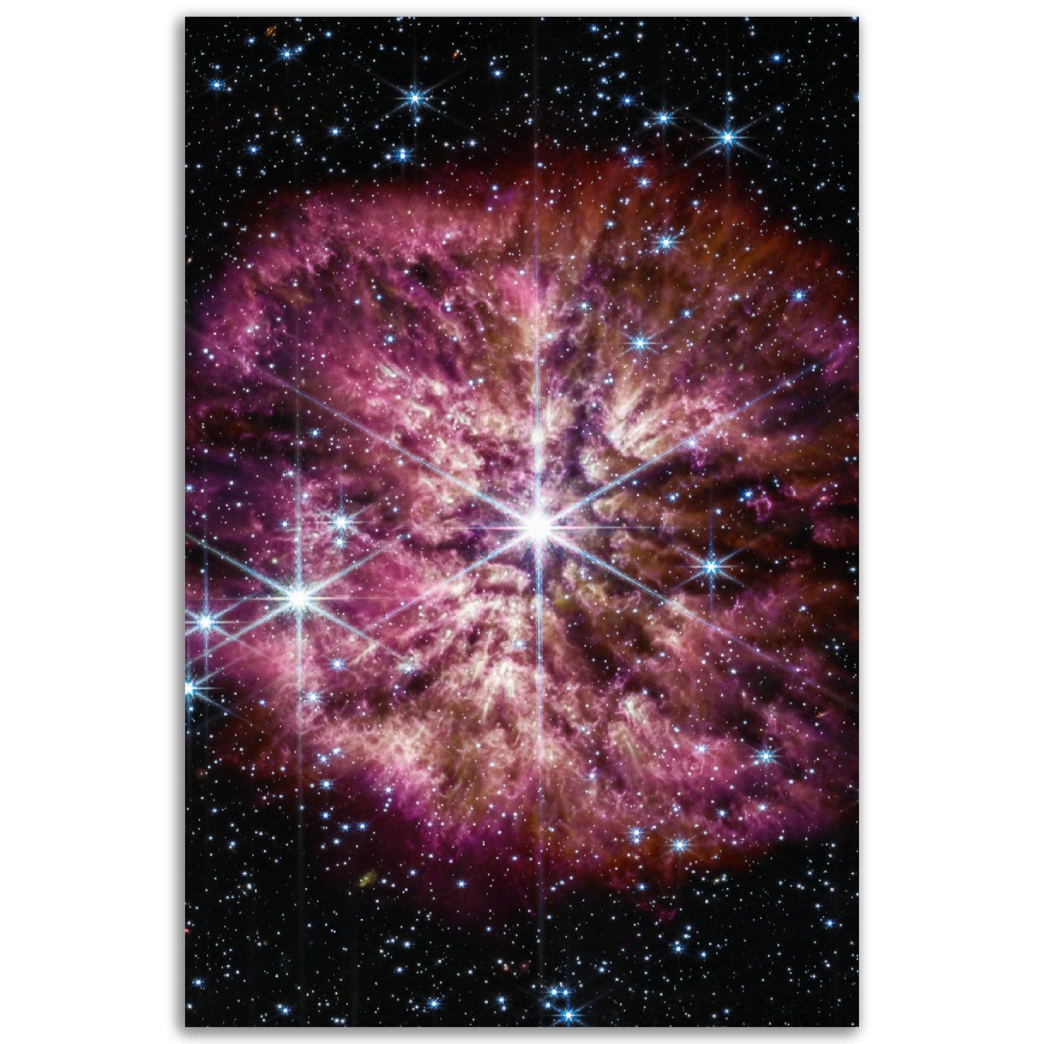 Wolf-Rayet 124: Atemberaubendes Weltraum-Poster des James-Webb-Weltraumteleskops - Printree.ch alternder Stern, astronomische Kunst, Gasnebel, hintergrund, Hintergrundgalaxien, Hintergrundsterne, James-Webb-Weltraumteleskop, Mittelinfrarot, Nahinfrarot, Poster, Staubnebel, Sternenwind, WEBB, Weltraum-Poster, Wolf-Rayet 124